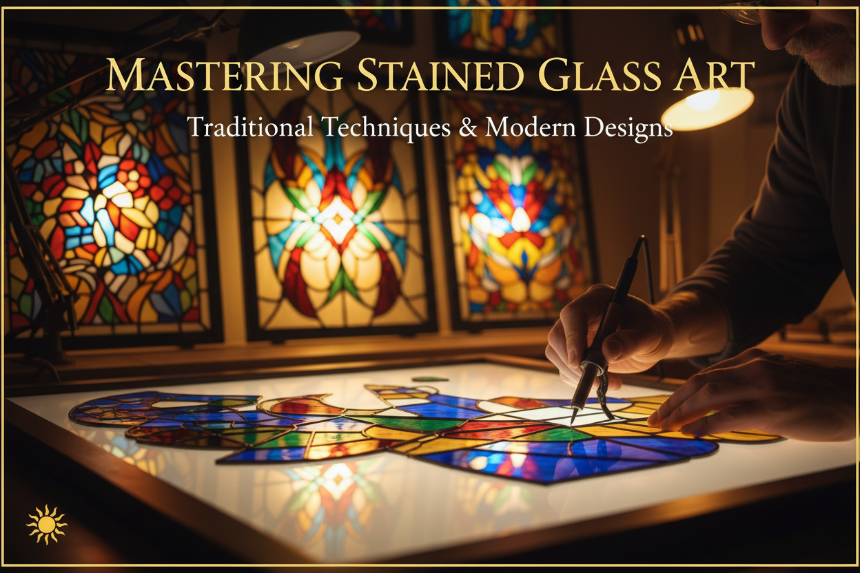 Stained glass video course showing craftsman assembling colorful stained glass pieces with vibrant finished panels in background