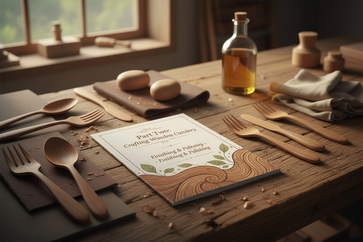 Part Two instructional guide for making wooden cutlery with pieces being sanded and finished