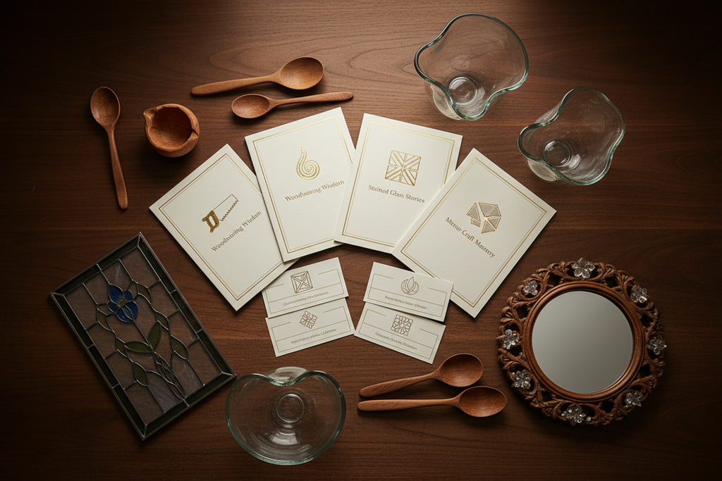 Complete handcraft masterclass bundle showing all course materials surrounded by wooden, glass, and mirror craft pieces