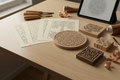Printable wood carving template patterns displayed alongside finished carved wooden pieces