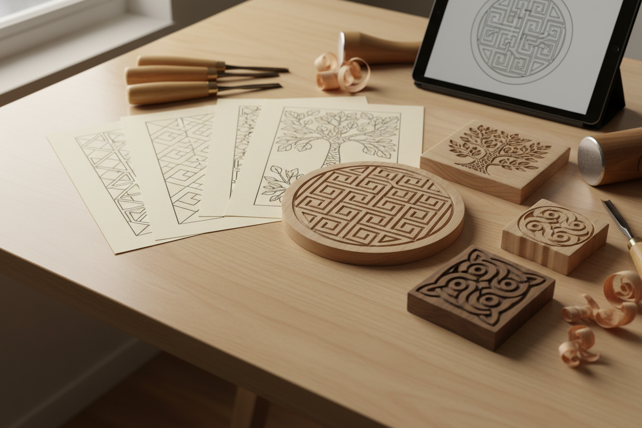 Printable wood carving template patterns displayed alongside finished carved wooden pieces