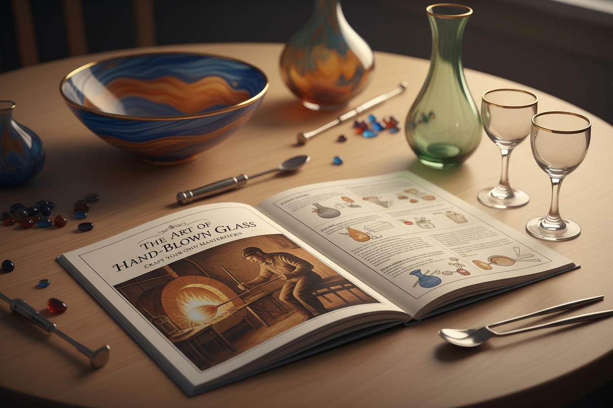 Instructional guide for making glassware surrounded by handcrafted glass pieces