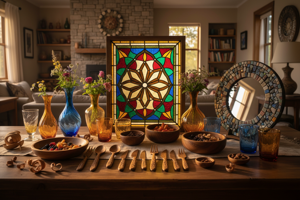 Finished handcrafted wooden, glass, stained glass, and mirror pieces displayed together