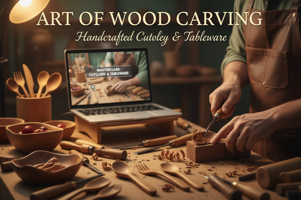 Wood carving video course showing craftsman carving a wooden spoon with video lesson on laptop in background